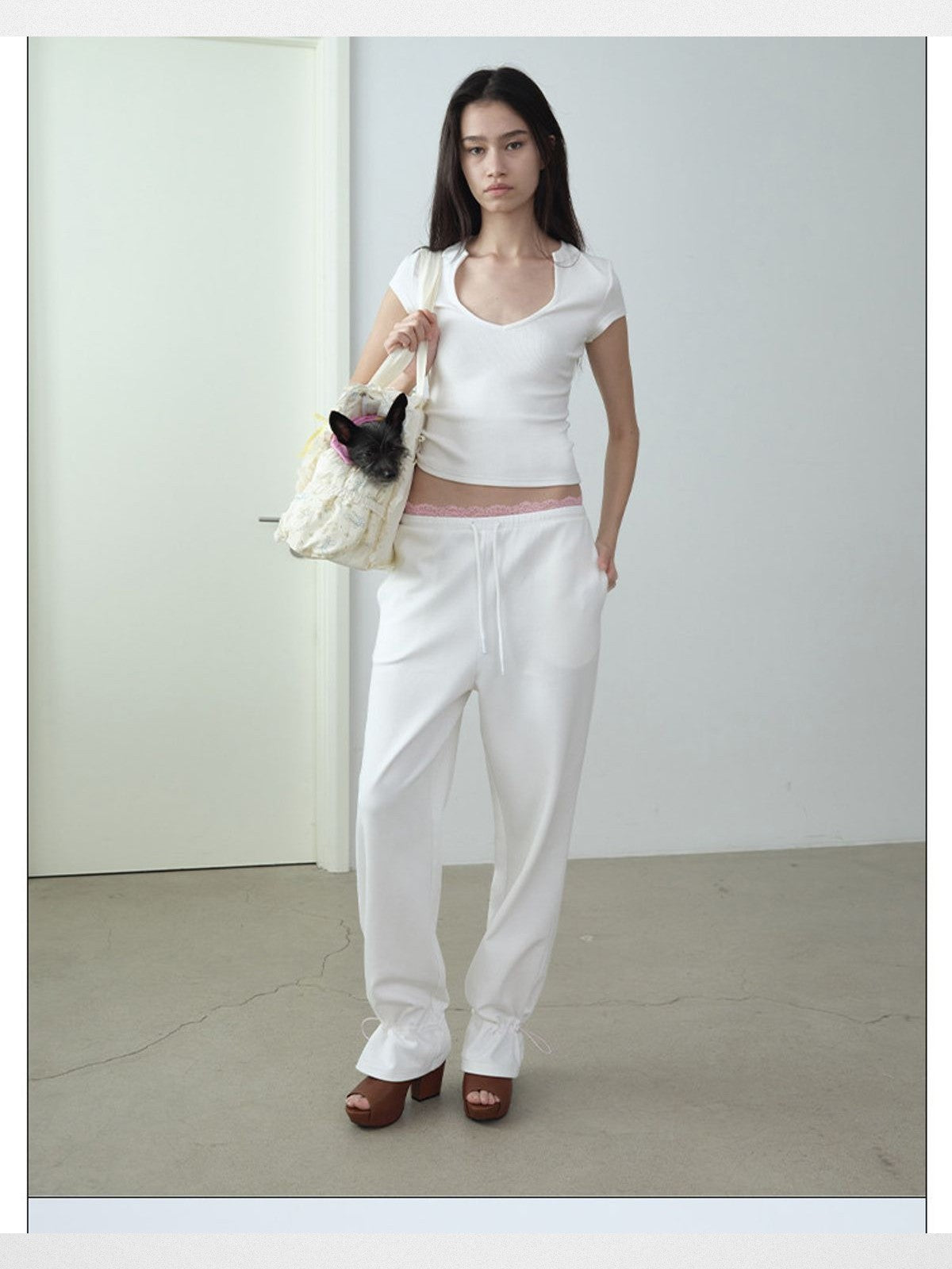 RARELY ALIKE Cup Neck Fitted T Shirt in White - On Model