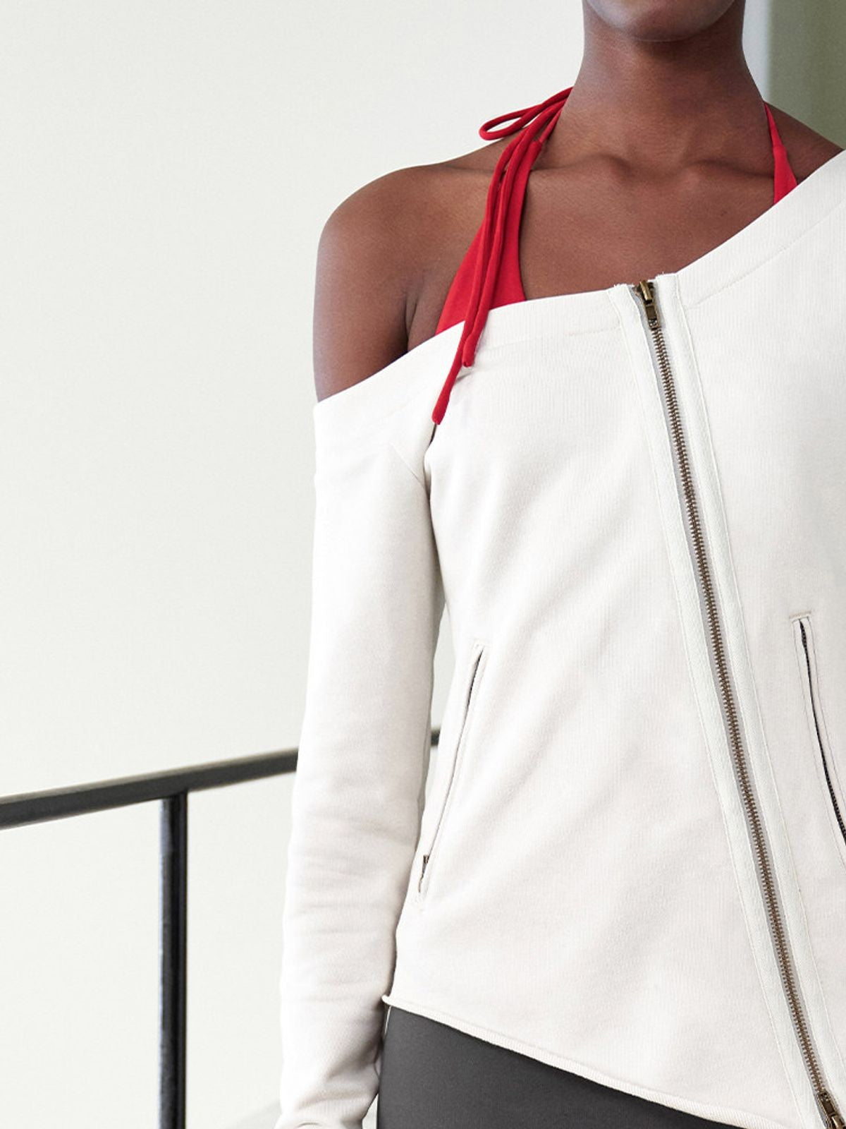 RARELY ALIKE Asymmetrical Zip Up Sweatshirt in White - On Model