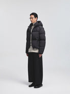 NANS Glossy Hooded Down Puffer in Black - On Model