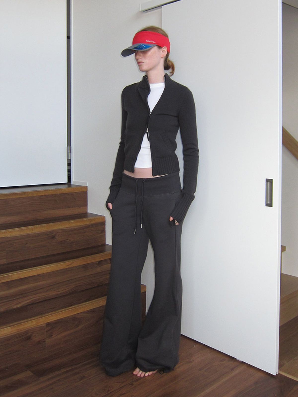 RARELY ALIKE Wide Waistband Flared Sweatpants in Charcoal - On Model