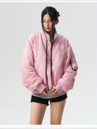 MEDM Nylon Stand Collar Padded Bomber in Pink - On Female Model