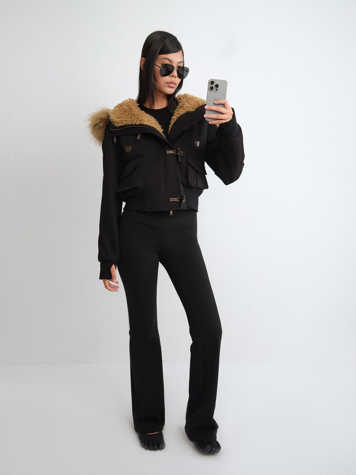 RARELY ALIKE Faux Fur Collar Cropped Jacket in Black - On Model