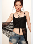 Beer Bro Tie Front Split Lace Camisole in Black - On Model