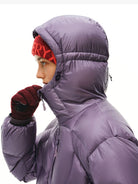 FPA Semi Sheer 800FP Hooded Puffer in Purple - On Female Model