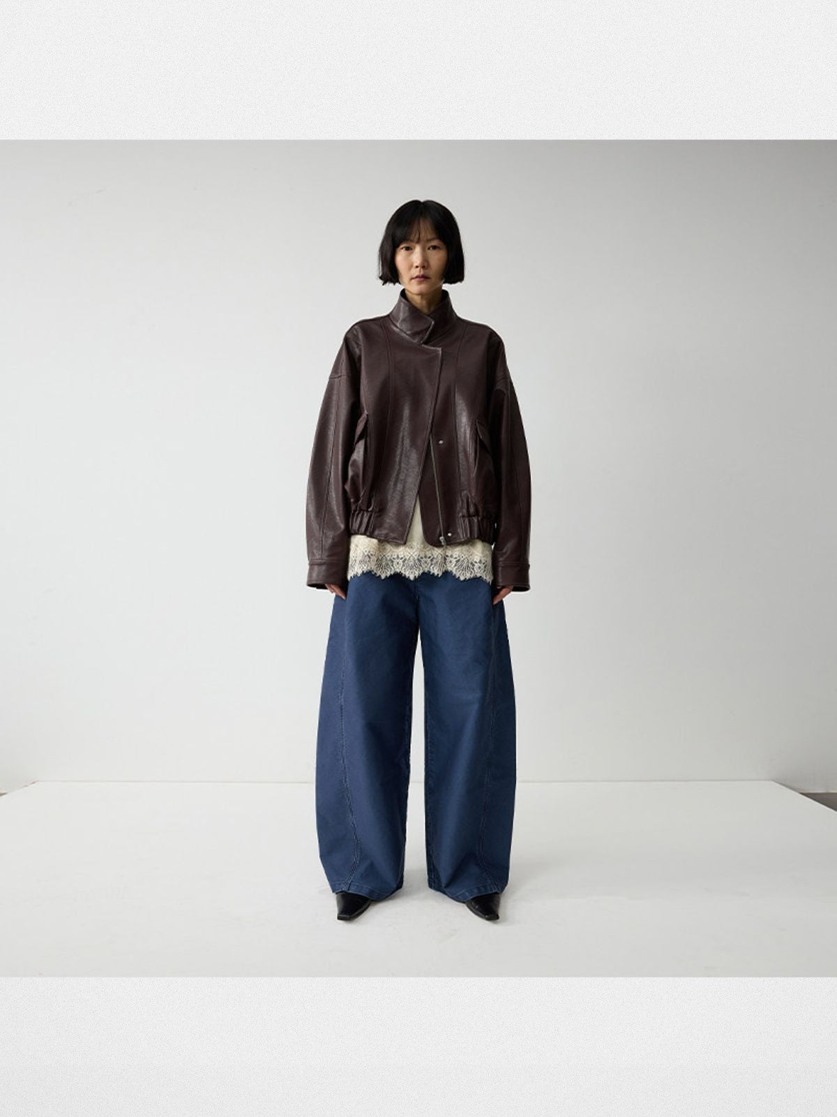 RandomPiece Elastic Hem Faux Leather Jacket in Brown - On Model