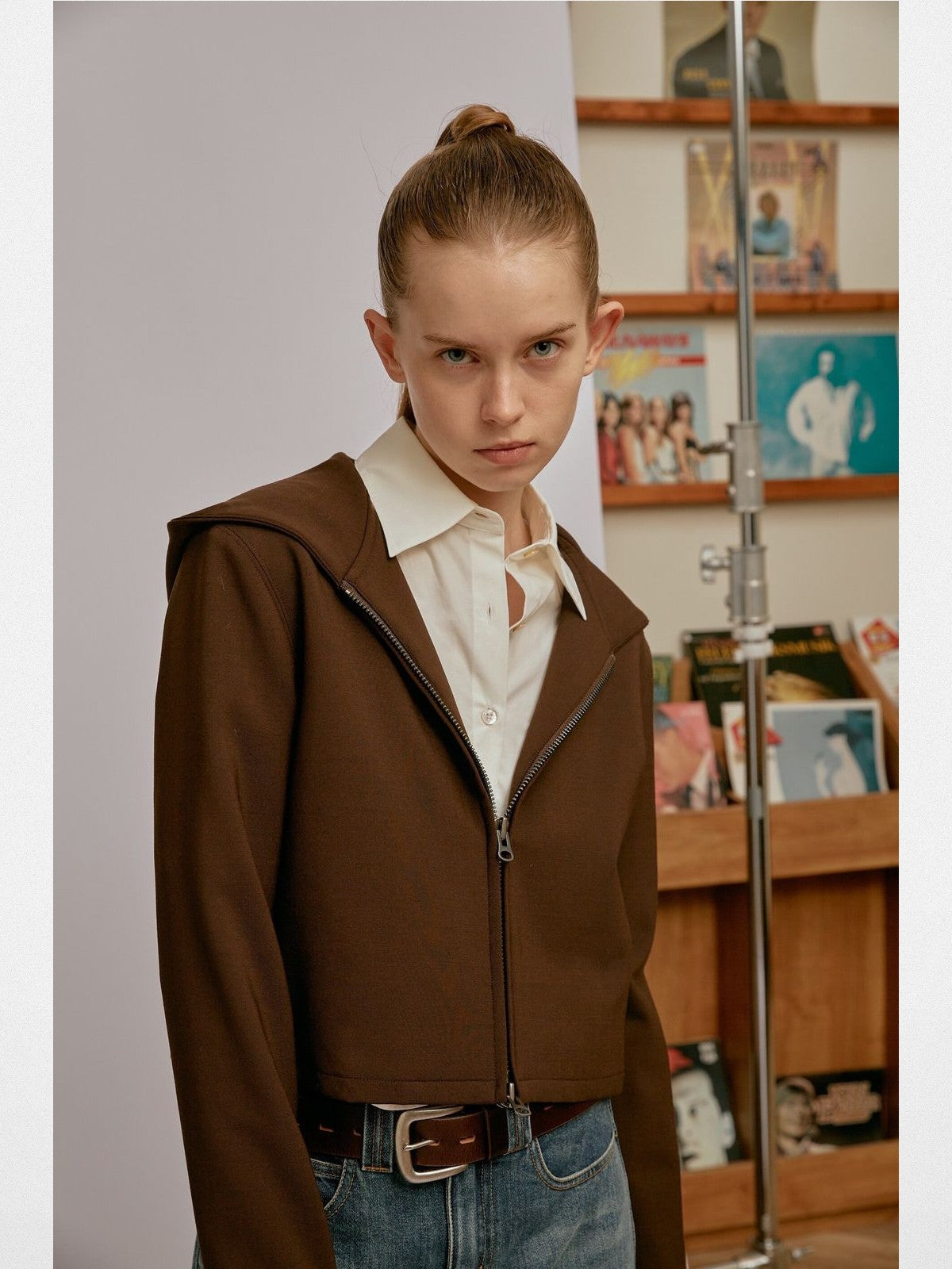 Alright then Hooded Wool Double Zip Jacket in Brown - On Model