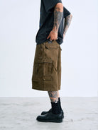 SWFI Distressed Wide Leg Cargo Shorts in Olive - On Model