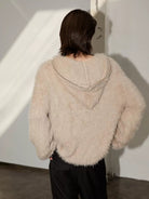 Y OFFICIAL Faux Mink Half Zip Hoodie in Beige - On Female Model