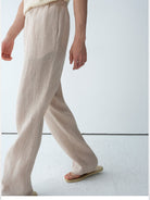 ROYA Elastic Waist Wide Leg Linen Trousers in Beige - On Model