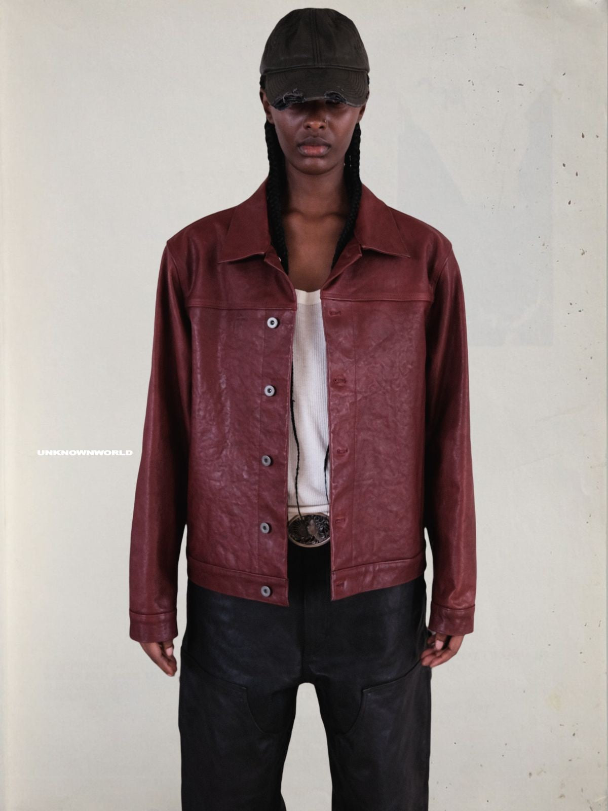UNKNOWNWORLD Distressed Scarlet Leather Jacket in Red - On Model