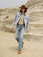 Retro 21 Washed Ice Blue Flared Jeans in Blue - On Male Model