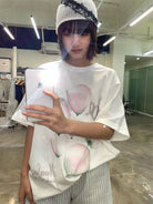 NeverSeez Retro Balloon Print Cotton T Shirt in White - On Female Model