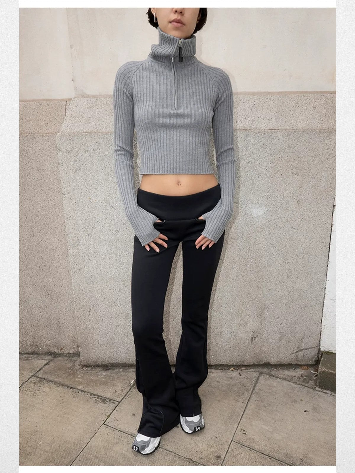 RARELY ALIKE Zip Up High Neck Wool Knit in Gray