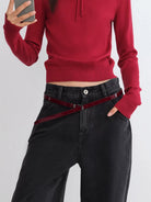 RARELY ALIKE Patent Leather Belt in Burgundy - On Model