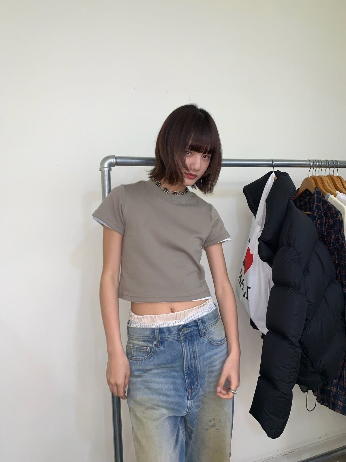 Neverseez Solid Cotton Crop Tee in Gray - On Model