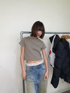 Neverseez Solid Cotton Crop Tee in Gray - On Model
