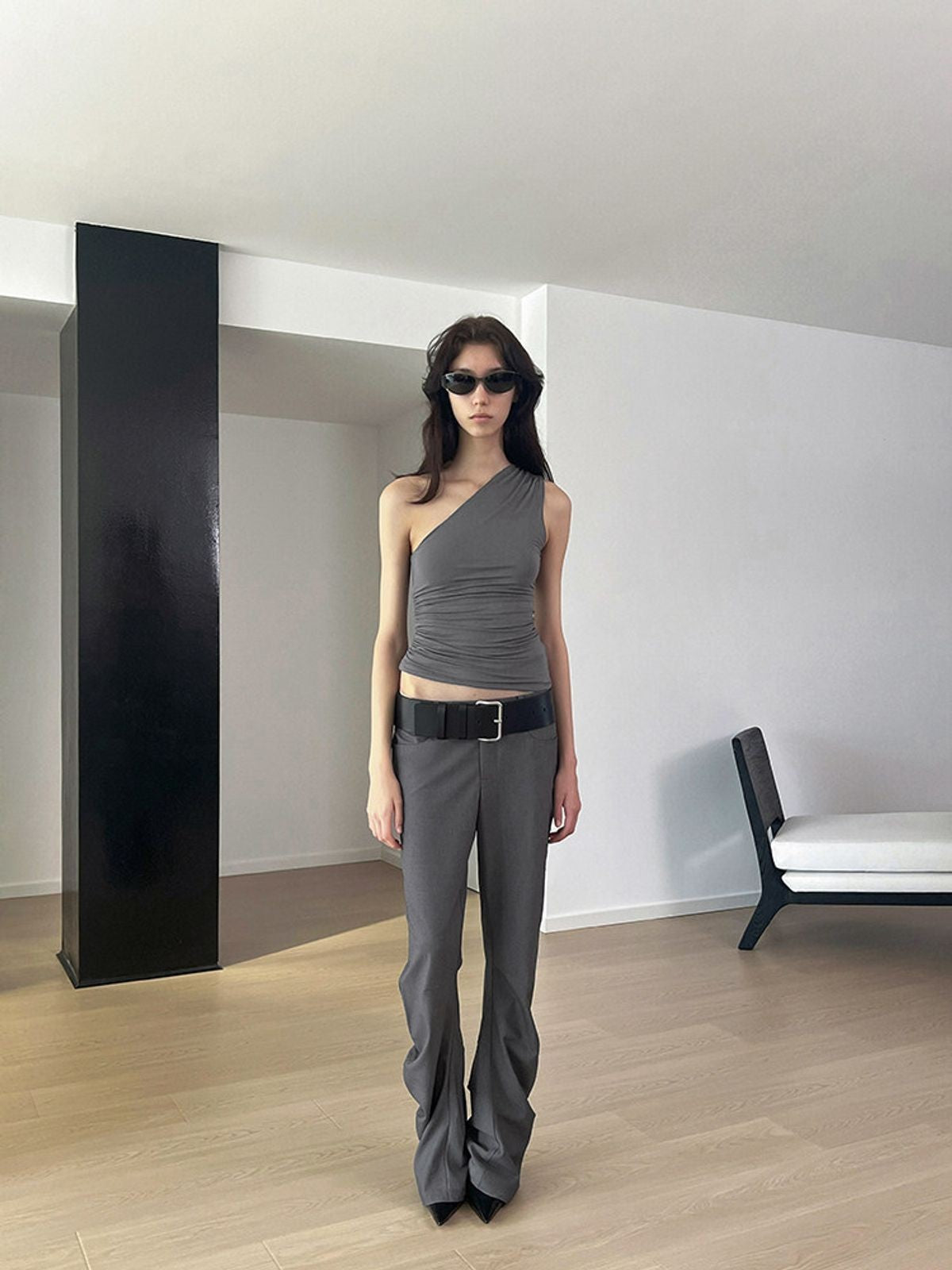 RARELY ALIKE Curved Leg Flared Suit Pants in Gray - On Model