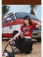 BeerBro Vinyl Print Cropped Baby Tee in Red