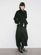 RandomPiece Merino Wool Draped Zip Cardigan in Black - On Model