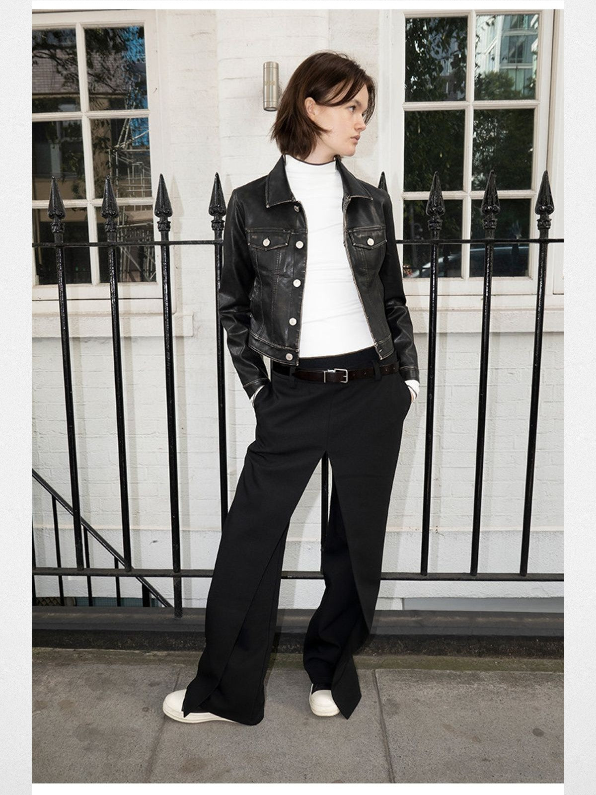 RARELY ALIKE Ribbed Waist Overlay Trousers in Black - On Model