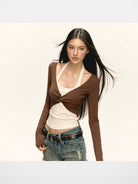 Ariseism Faux Layered Twist Front Top in Brown - On Model