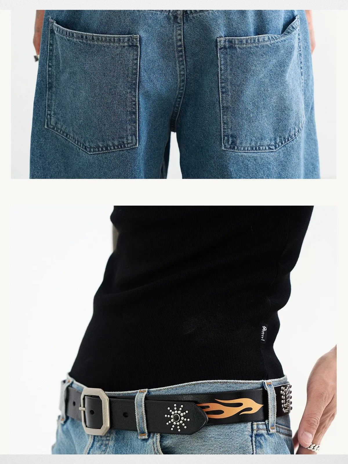 SWFI Flame Carved Studded Leather Belt in Black