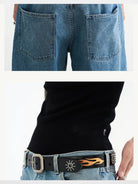 SWFI Flame Carved Studded Leather Belt in Black