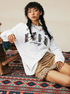 MEDM Ethnic Patchwork Long Sleeve Tee in White - On Female Model