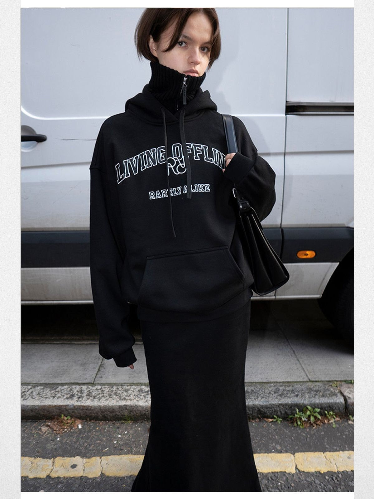 RARELY ALIKE Living Offline Embroidered Fleece Hoodie in Black - Lifestyle