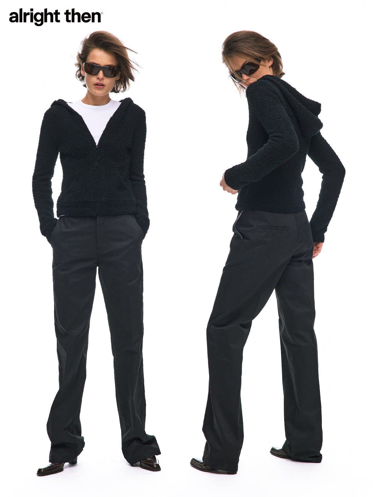 alright then Plush Knit Zip Up Hoodie in Black - On Model