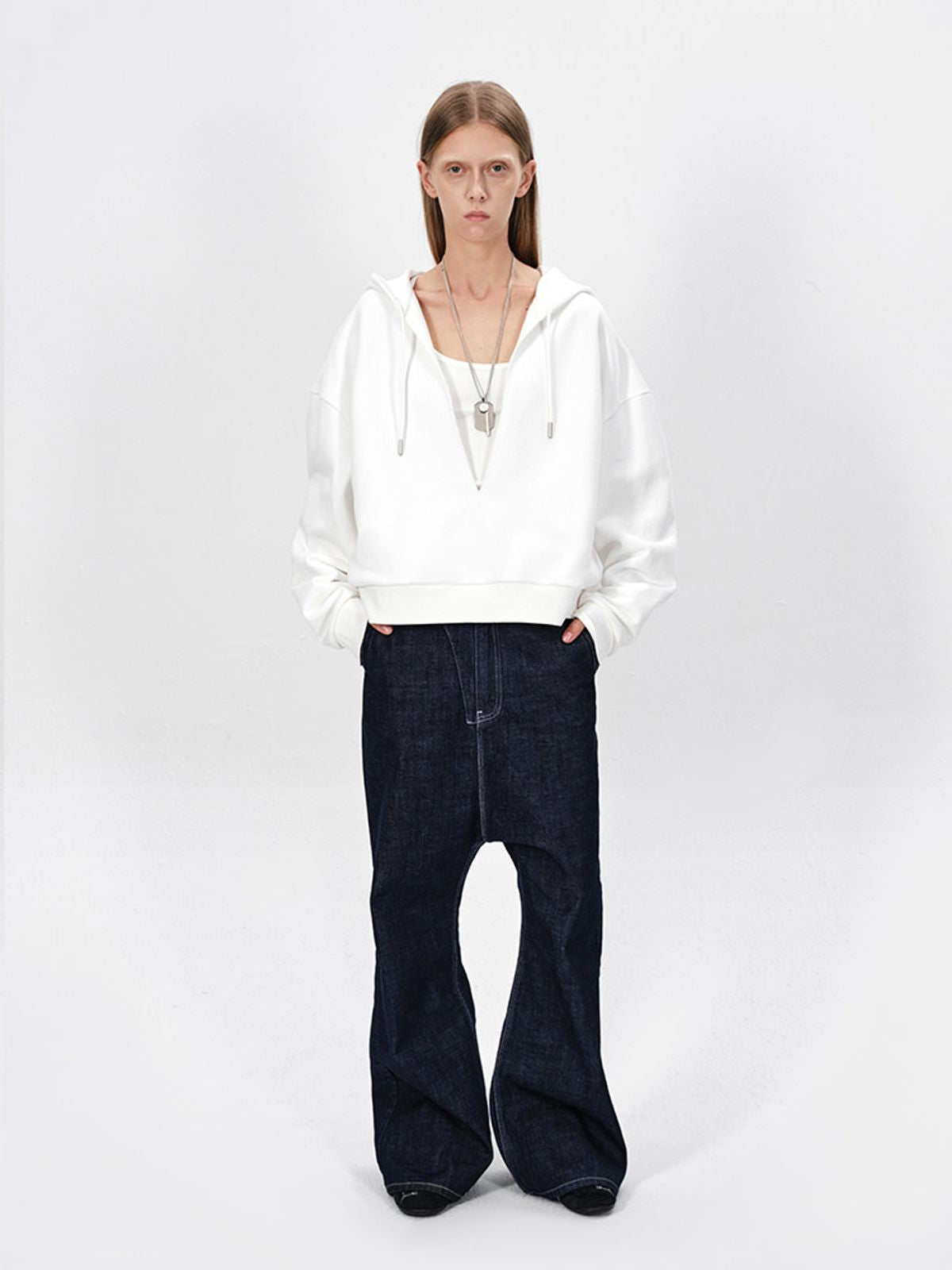 RARELY ALIKE Deep V Neck Cropped Hoodie in White - On Model