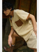 Retro 21 Spliced Wool Blend Knit Shirt in Cream - On Model