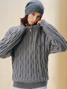 FPA Half Zip Cable Knit Pullover in Gray - On Model