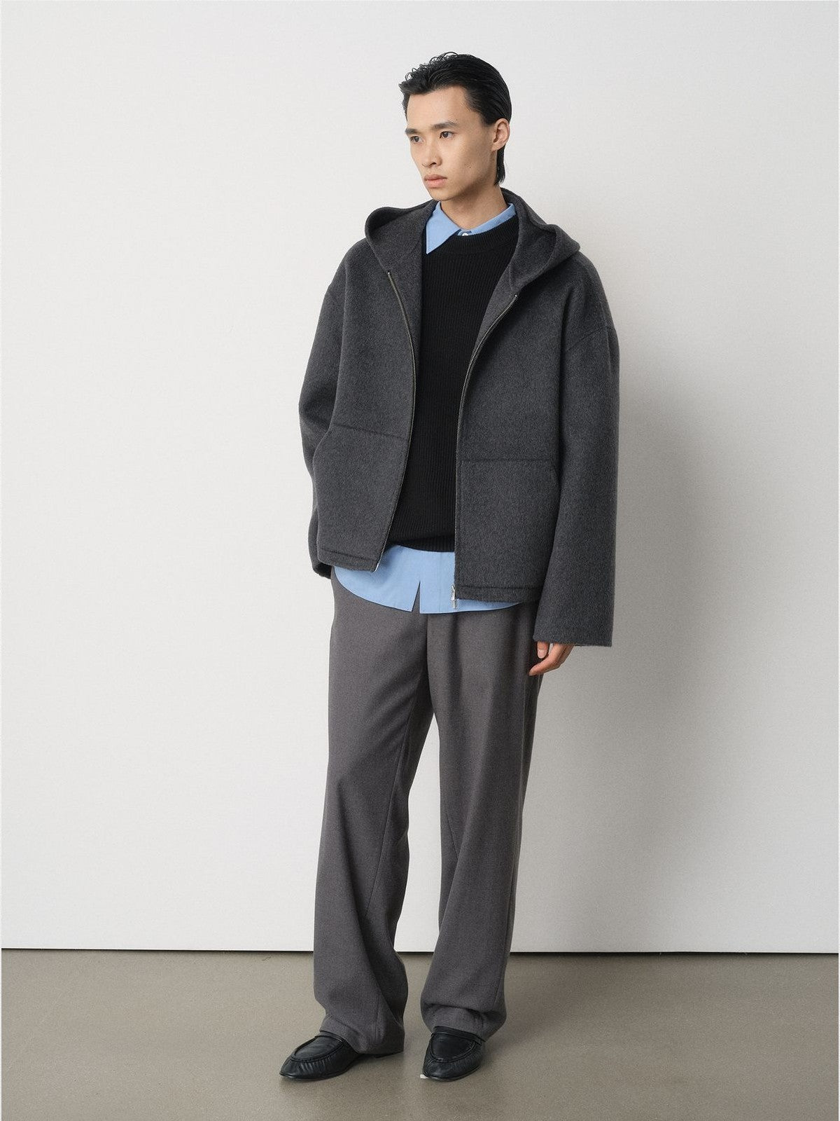 ROYA Cashmere Wool Hooded Short Coat in Charcoal - On Model