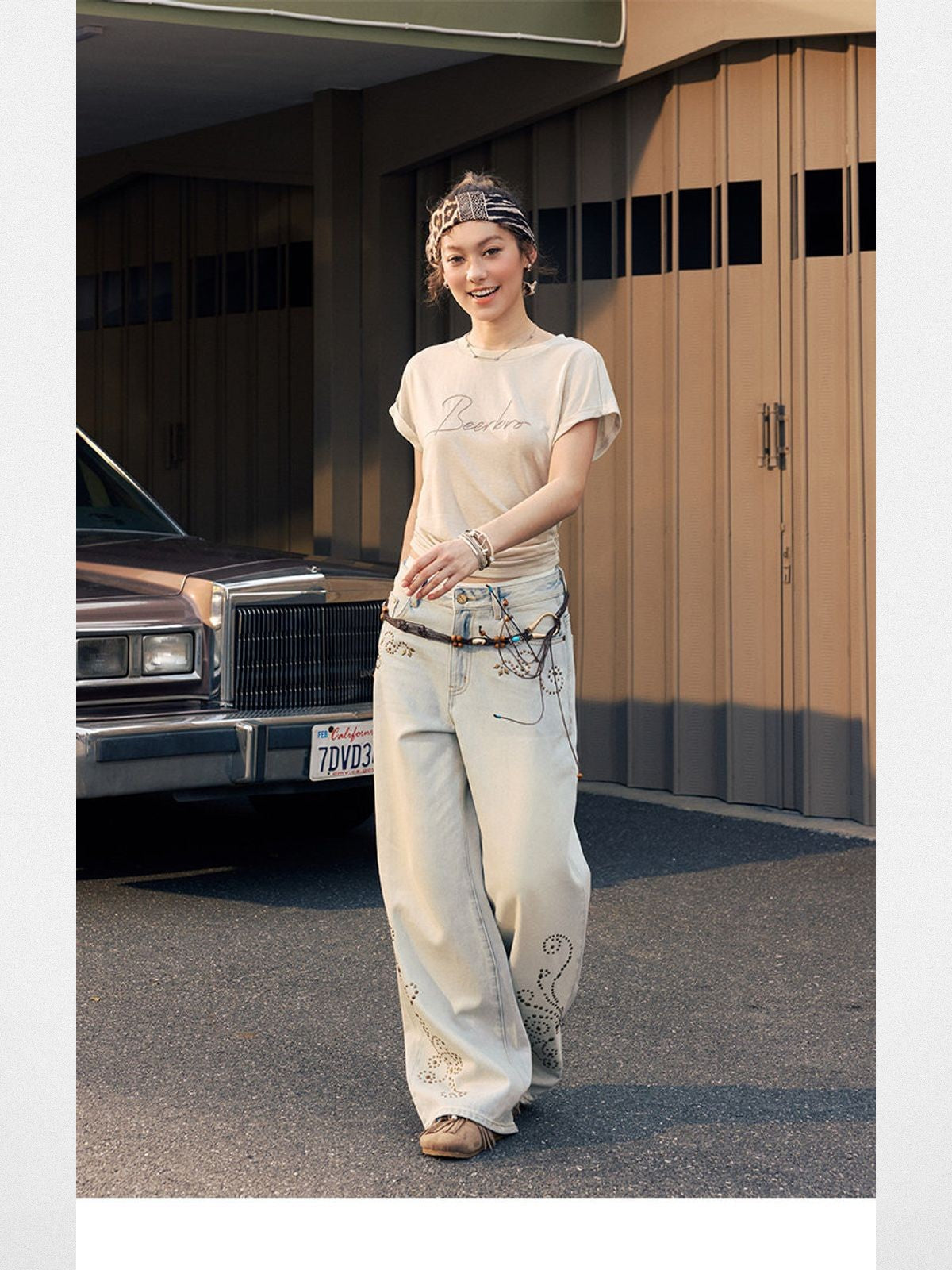 BeerBro Embroidered Tencel Cinched Tee in Cream - On Model