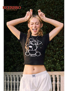 BeerBro Schnauzer Rhinestone Cropped Tee in Black - Lifestyle