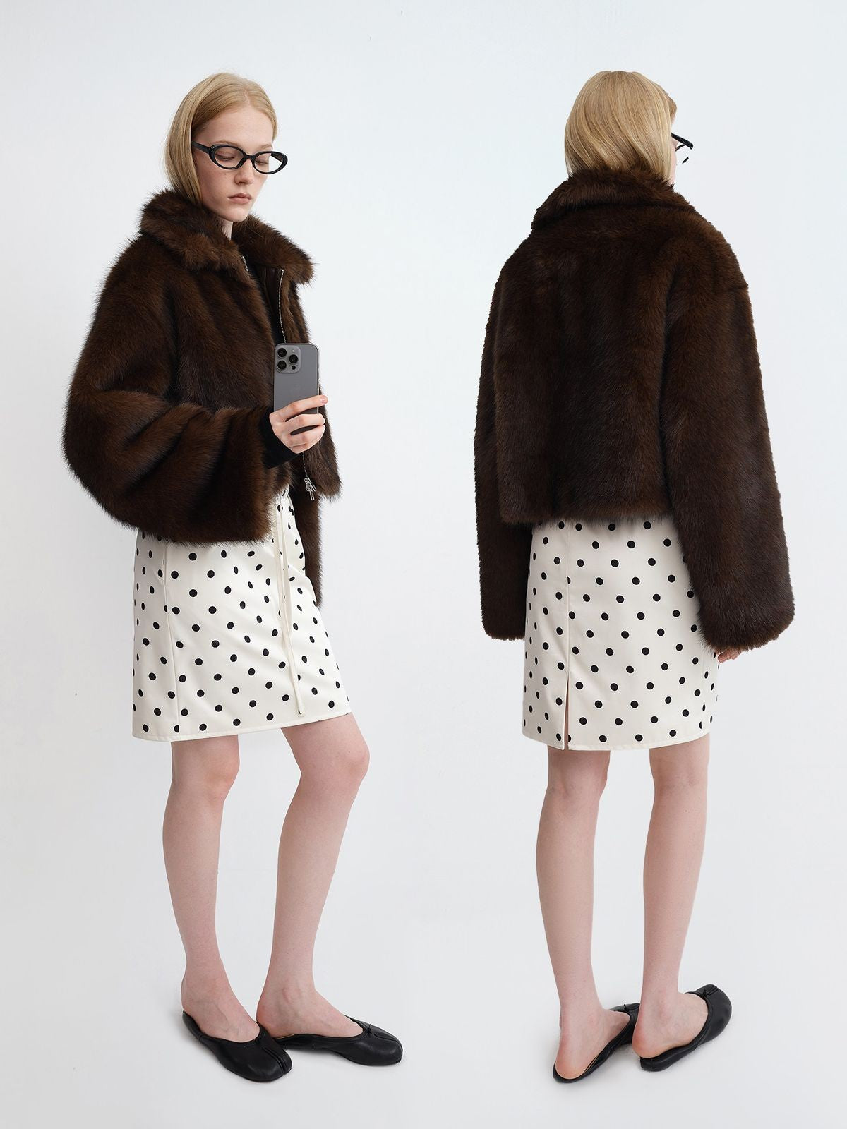 RARELY ALIKE Cropped Faux Fur Zip Jacket in Brown - On Model