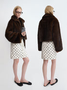 RARELY ALIKE Cropped Faux Fur Zip Jacket in Brown - On Model