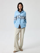 Simple Project Offset Argyle Hooded Cardigan in Sky Blue - On Female Model