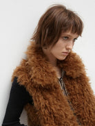 PUKI Reversible Sherpa Plaid Vest in Brown - On Model