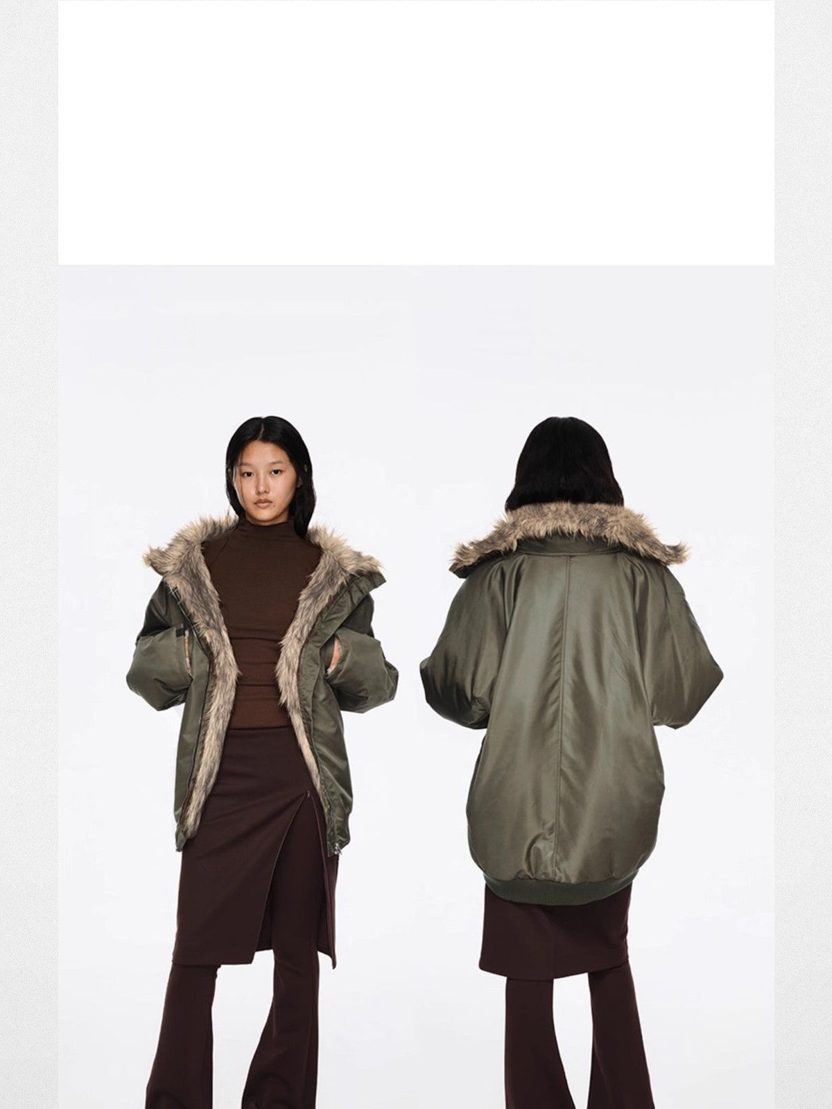 RARELY ALIKE Faux Fur Lined Nylon Bomber in Olive - On Model