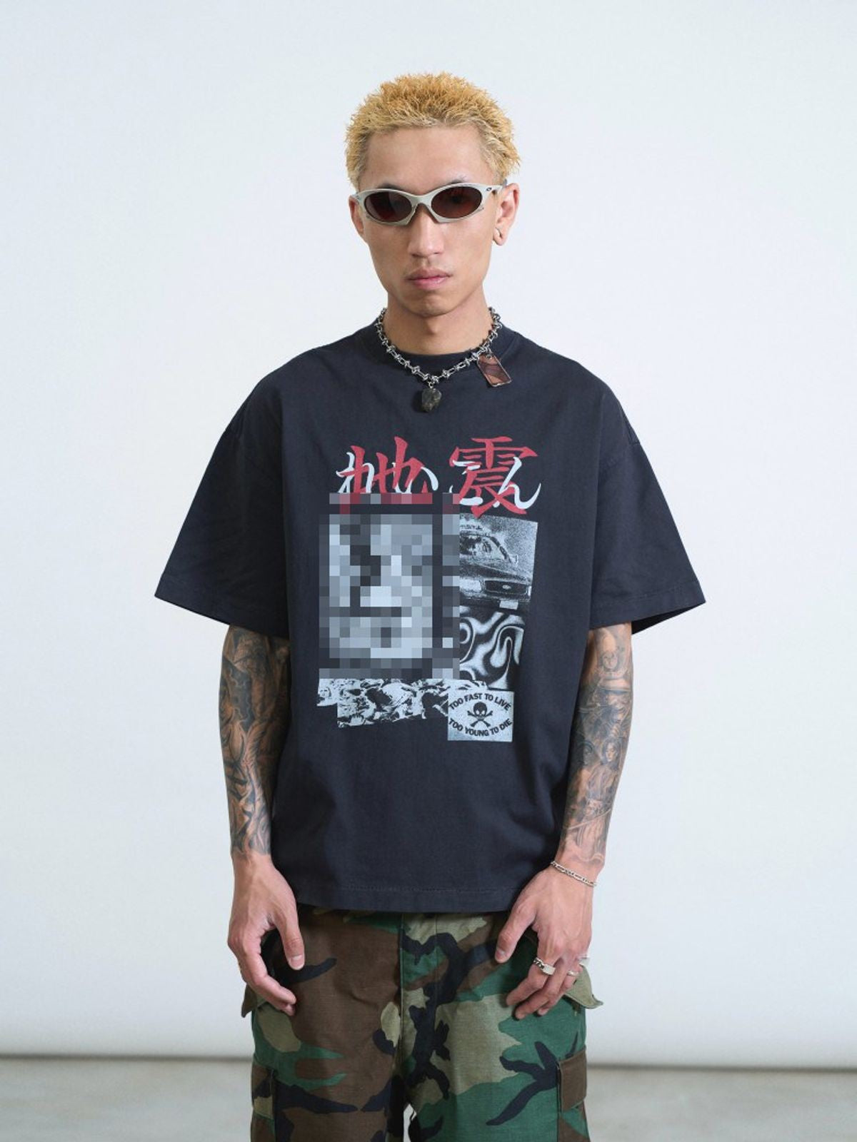 SWFI Distressed Graphic Single Stitch Tee in Black - On Model