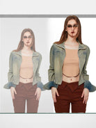 Amee Cropped Zip Up Denim Jacket in Green - On Model