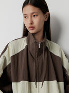 RandomPiece Color Block Stand Collar Jacket in Brown - On Model