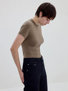 Simple Project Merino Wool Blend Crewneck T Shirt in Olive - On Model