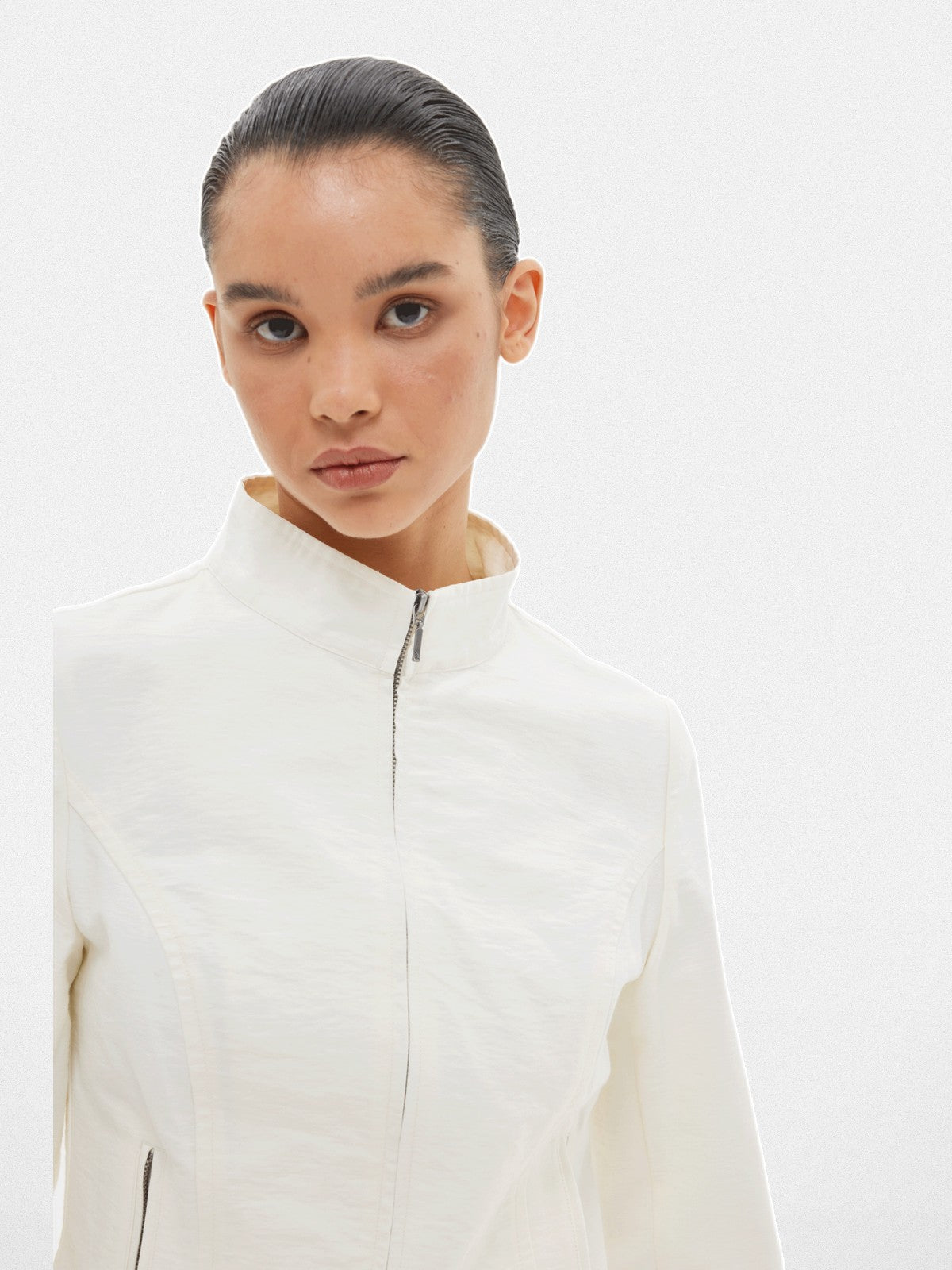 Alright then Textured Cotton Biker Jacket in White - On Model