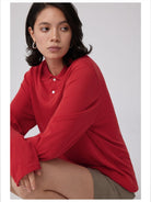 Simple Project Semi Sheer Linen Blend Knit Polo in Red - On Female Model