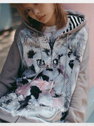 CFIERCE Abandoned Bunny Print Zip Up Hoodie in Gray - On Model