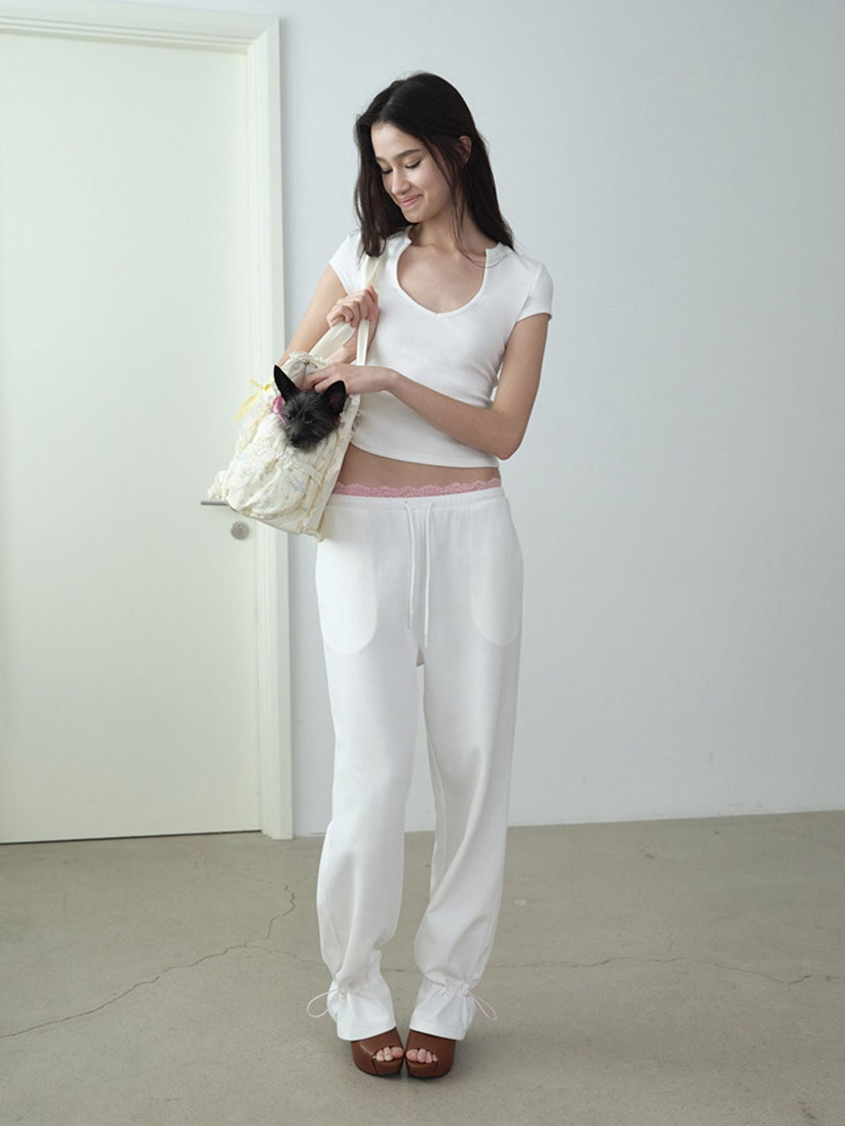 RARELY ALIKE Lace Waist Adjustable Joggers in White - On Model