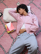 Retro 21 Pink Beige Double Zip Cotton Shirt in Off-White - On Model